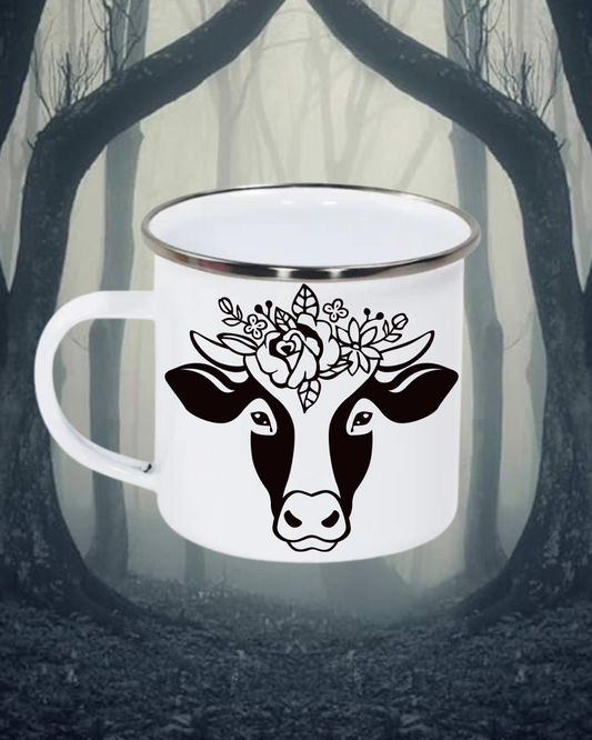 Black and White Cow w/ Flowers Mug